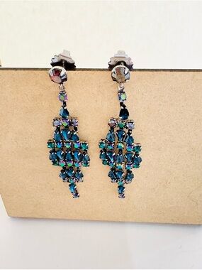 Blue-Green Crystal Dangle Earrings glam party aurora borealis post backings